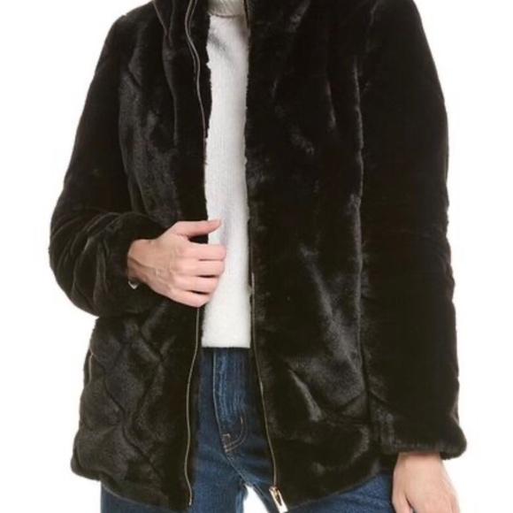NWT Via Spiga Grooved Faux Fur Chevron Jacket Black Large - Picture 2 of 6